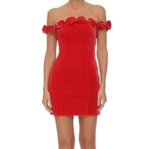 Avec Les Filles Red Velvet Rose Off Shoulder Mini Dress Size 10